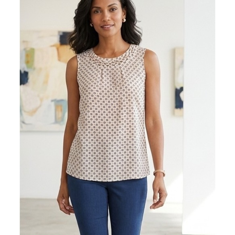 Talbots M Sleeveless Shell Top Geometric Floral Braided Neck Cream Navy Classic
